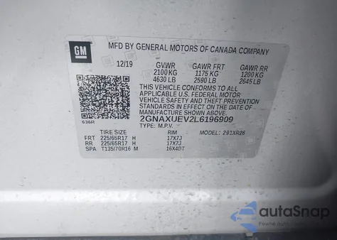 2020 Chevrolet Equinox Awd Lt 1.5L Turbo from USA, damaged, VIN 2GNAXUEV2L6196909